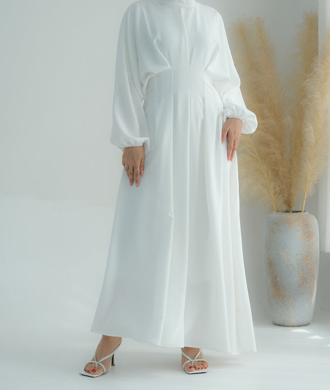 LeyLey White classic modest maxi dress with pleated waist and long elasticated sleeve