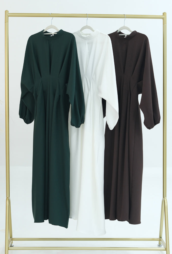 LeyLey Green classic modest maxi dress with pleated waist and long elasticated sleeve