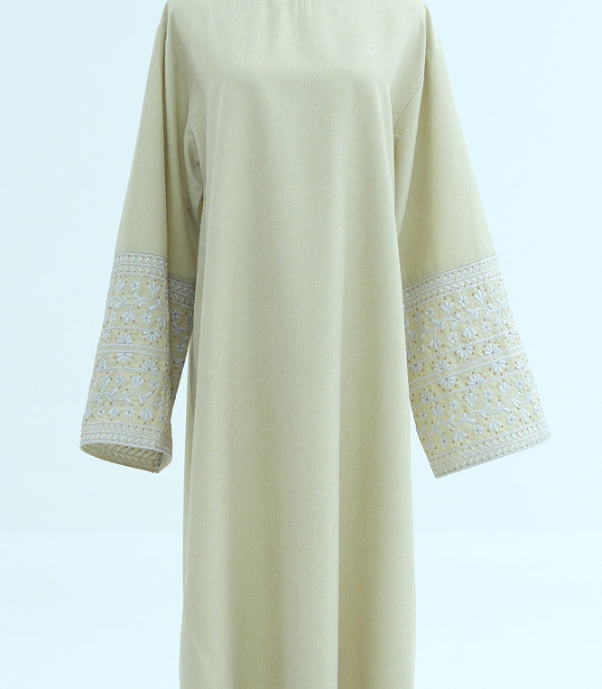 Sisters Beige Tatreez Abaya with embroidery on sleeves detachable belt backside zipper