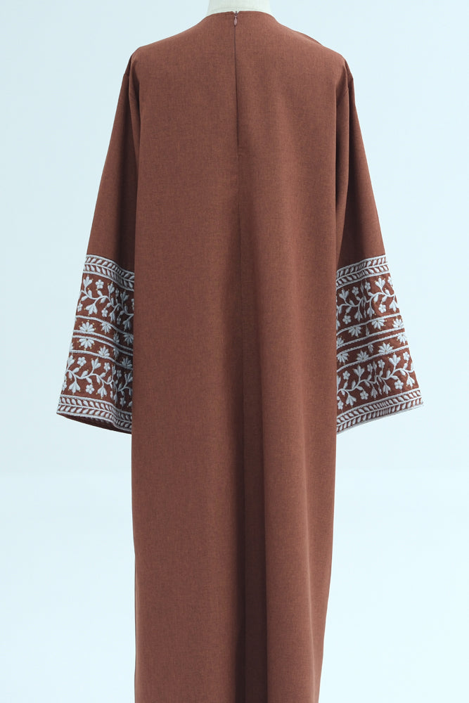 Sisters Tatreez Abaya with embroidery on sleeves detachable belt backside zipper
