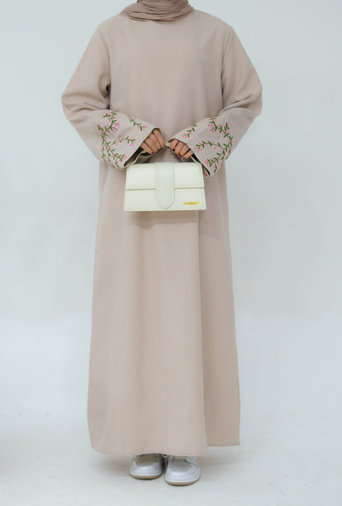 Buketik Sleeve Floral Abaya Dress with sleeve floral embroidery in beige and detachable belt