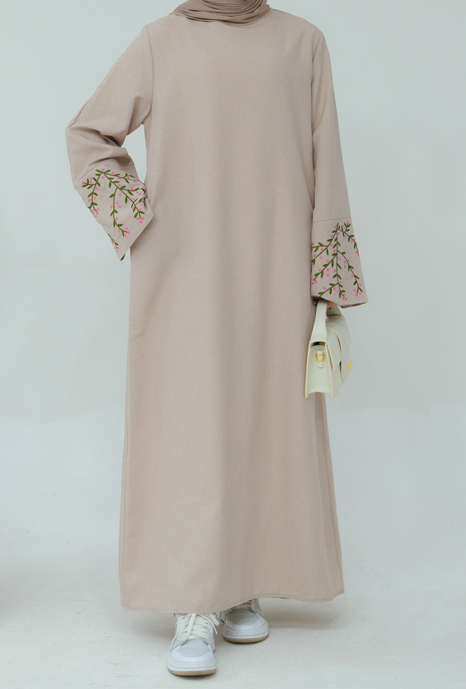 Buketik Sleeve Floral Abaya Dress with sleeve floral embroidery in beige and detachable belt
