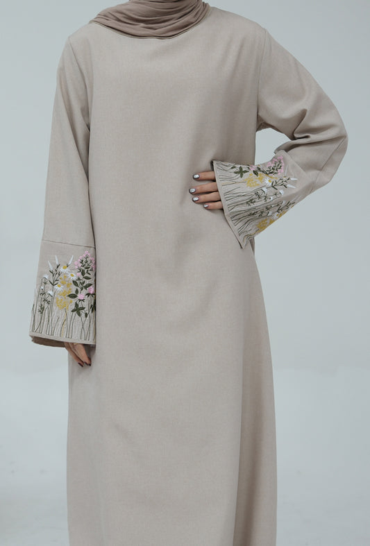 Brusnika Sleeve Floral Embroidery Style Abaya Dress in Beige
