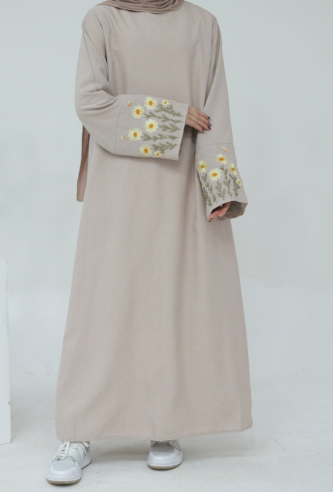 Romashki Sleeve Floral Embroidery Style Abaya Dress in Beige
