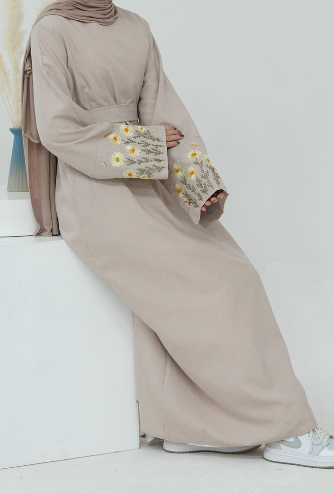 Romashki Sleeve Floral Embroidery Style Abaya Dress in Beige