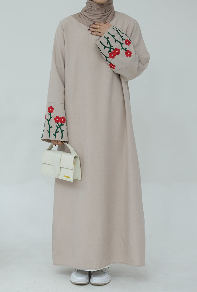 Maki Sleeve Floral Embroidery Style Abaya Dress in Beige