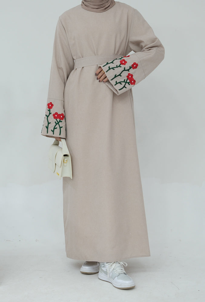 Maki Sleeve Floral Embroidery Style Abaya Dress in Beige