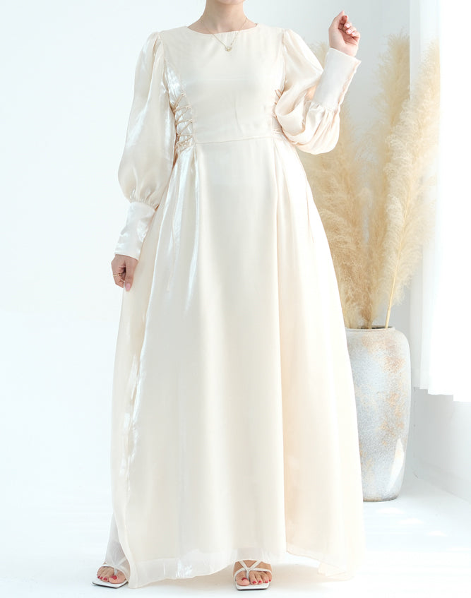 Polina Lace Up Maxi Dress adjustable waist modest dress in Beige puff sleeve