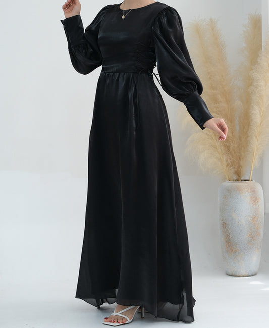 Black Polina Lace Up Maxi Dress adjustable waist modest dress puff sleeve