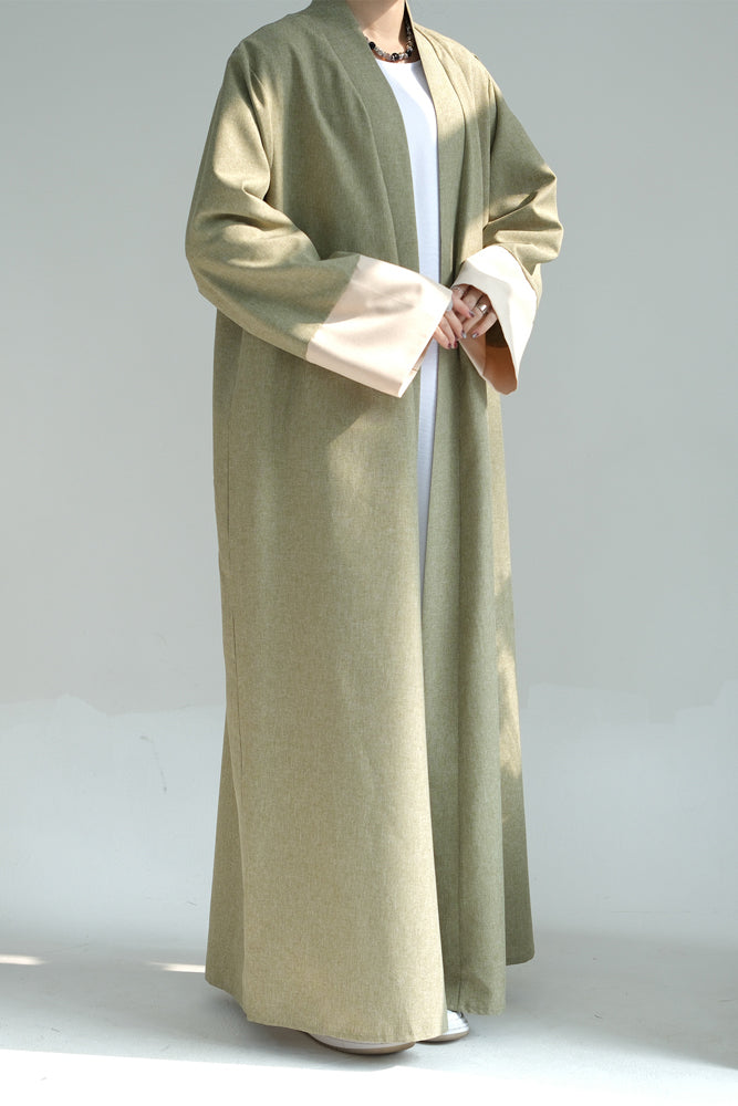 Hina in Green casual sporty abaya throw over with contrast sleeve cuffs in beige open front abaya