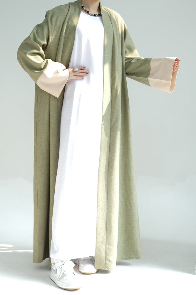 Hina in Green casual sporty abaya throw over with contrast sleeve cuffs in beige open front abaya