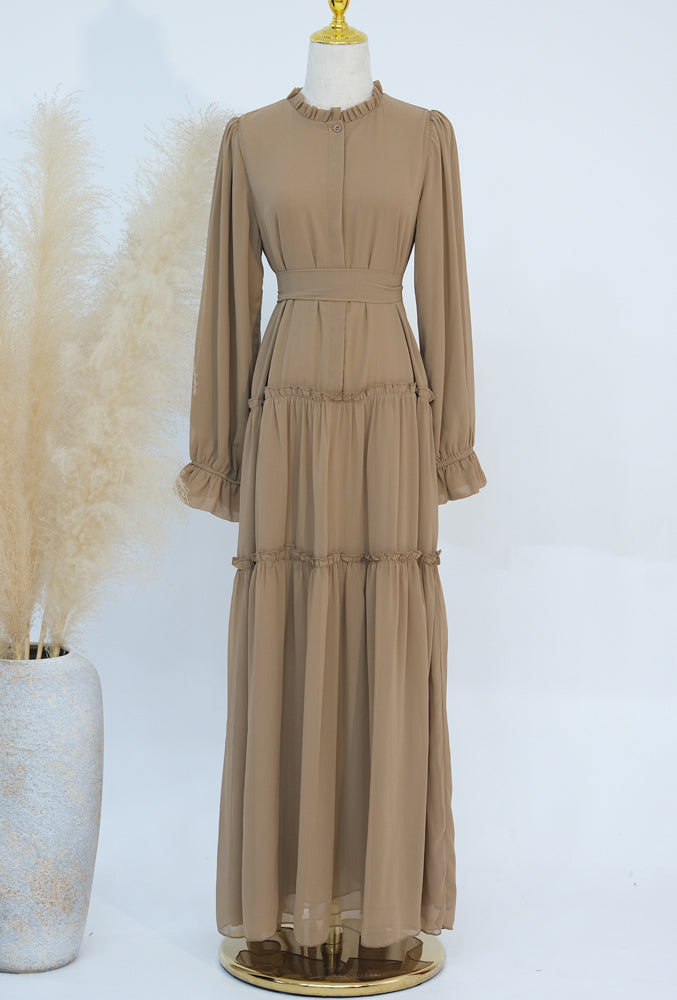 Anabelle Beige classic lined chiffon dress with front button fastening elastictaed cuffs and detachable belt