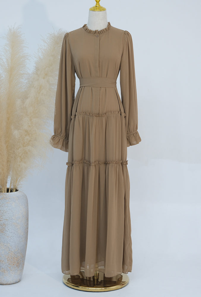 Anabelle Beige classic lined chiffon dress with front button fastening elastictaed cuffs and detachable belt
