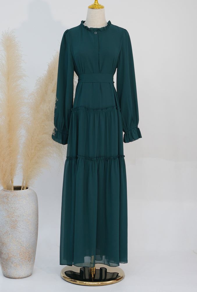 Anabelle Emerald classic lined chiffon dress with front button fastening elastictaed cuffs and detachable belt
