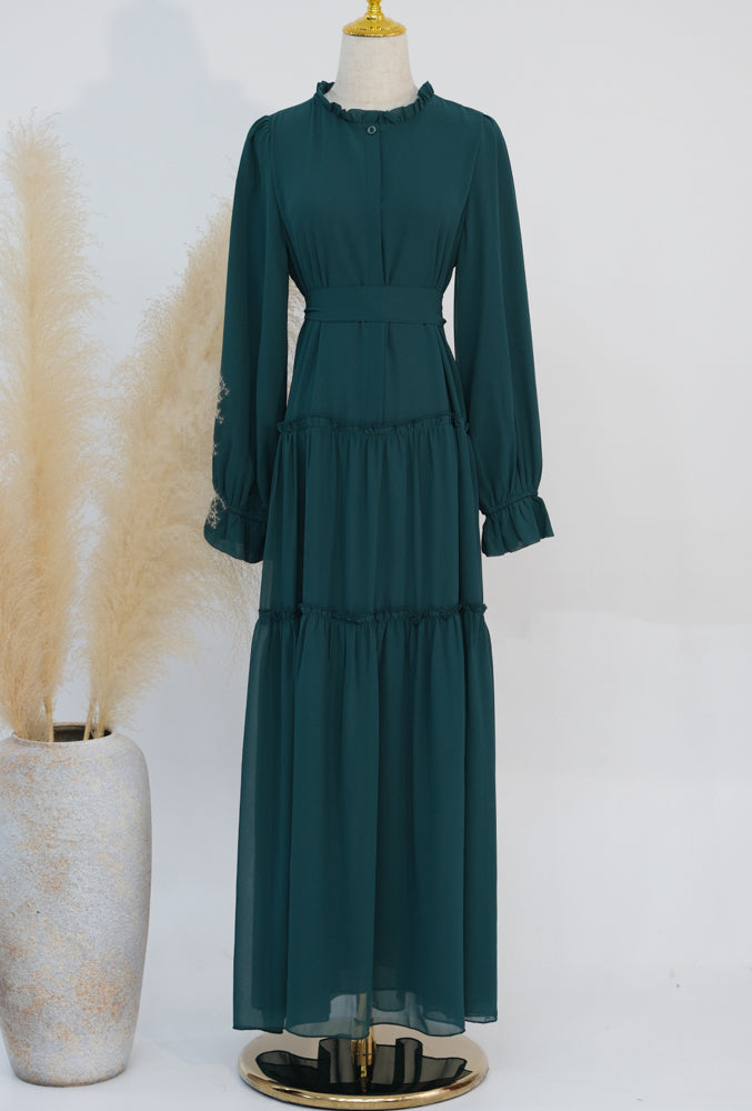 Anabelle Emerald classic lined chiffon dress with front button fastening elastictaed cuffs and detachable belt