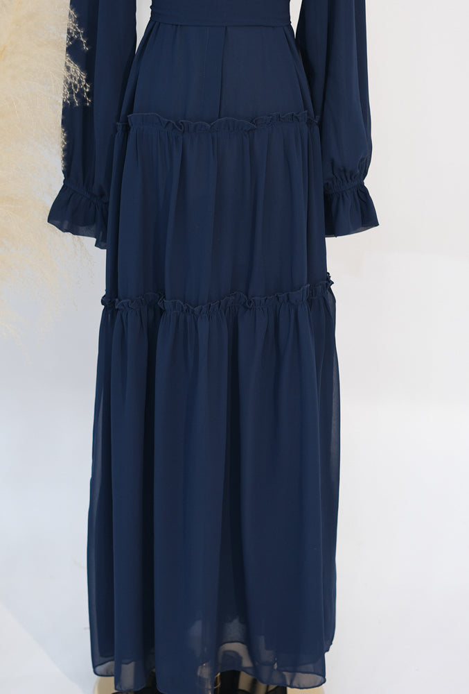 Anabelle Royal Blue classic lined chiffon dress with front button fastening elastictaed cuffs and detachable belt