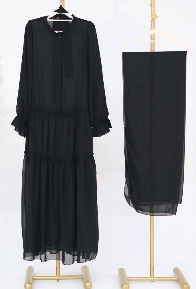 Eve classic black modest maxi dress in chiffon with front button fastening detachable belt