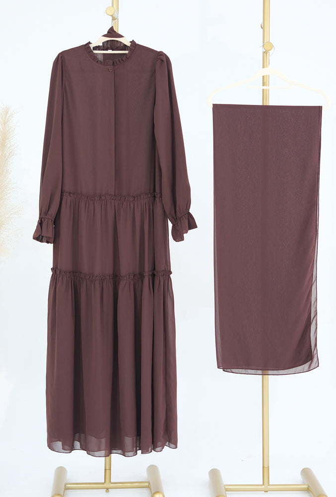 Anabelle Coffee classic lined chiffon dress with front button fastening elastictaed cuffs and detachable belt