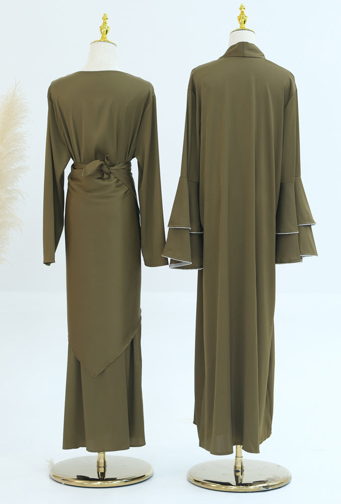 Siddiqa Beige three piece gown with throw over abaya long sleeve slip dress and detachable skirt apron