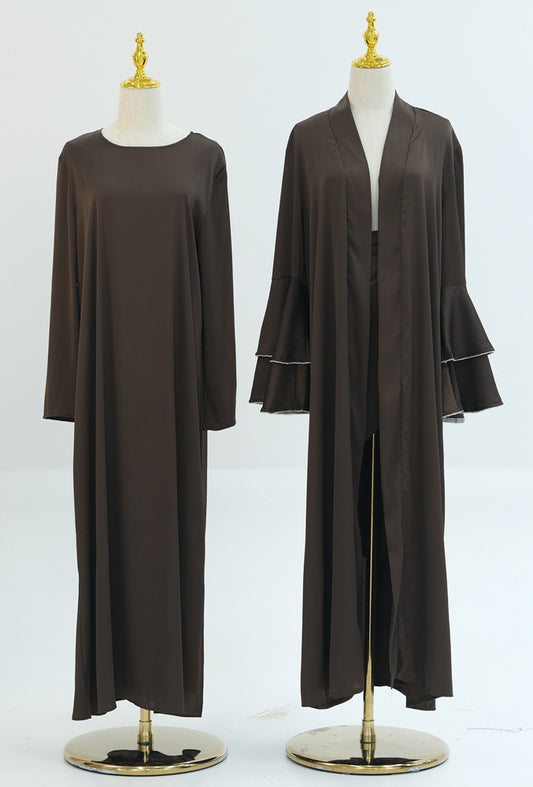 Siddiqa brown three piece gown with throw over abaya long sleeve slip dress and detachable skirt apron