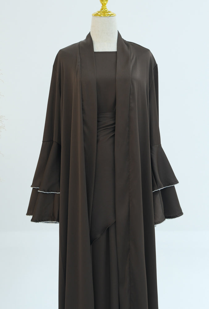 Siddiqa brown three piece gown with throw over abaya long sleeve slip dress and detachable skirt apron