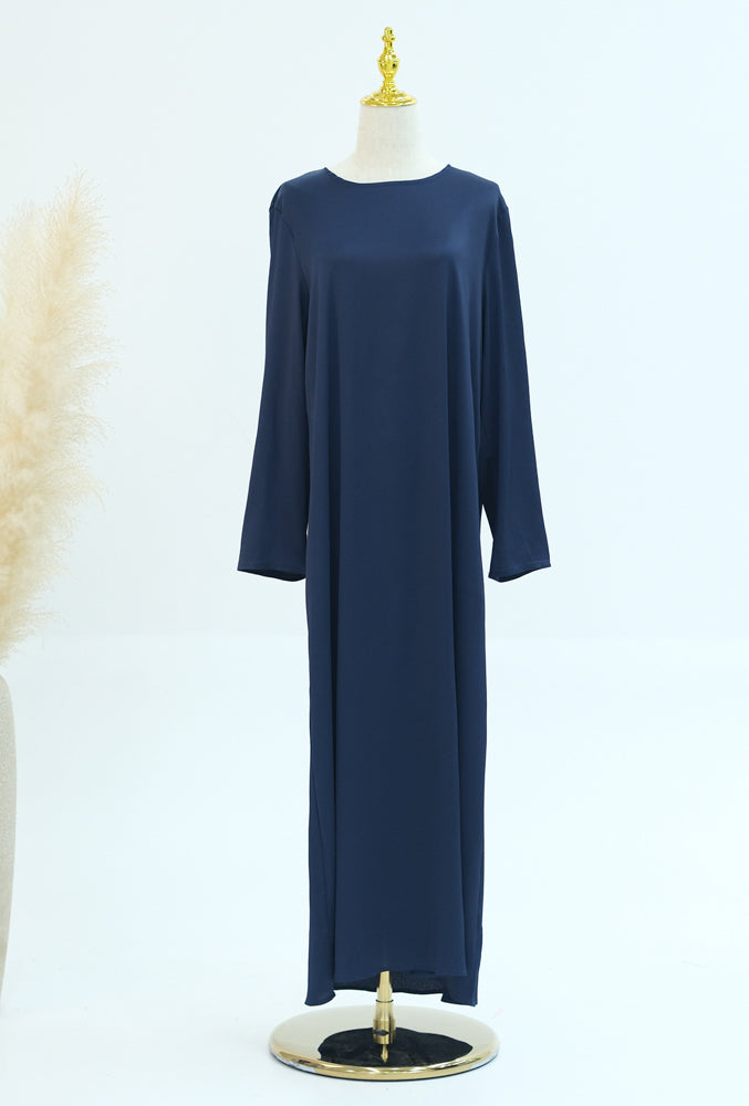 Siddiqa Navy three piece gown with throw over abaya long sleeve slip dress and detachable skirt apron