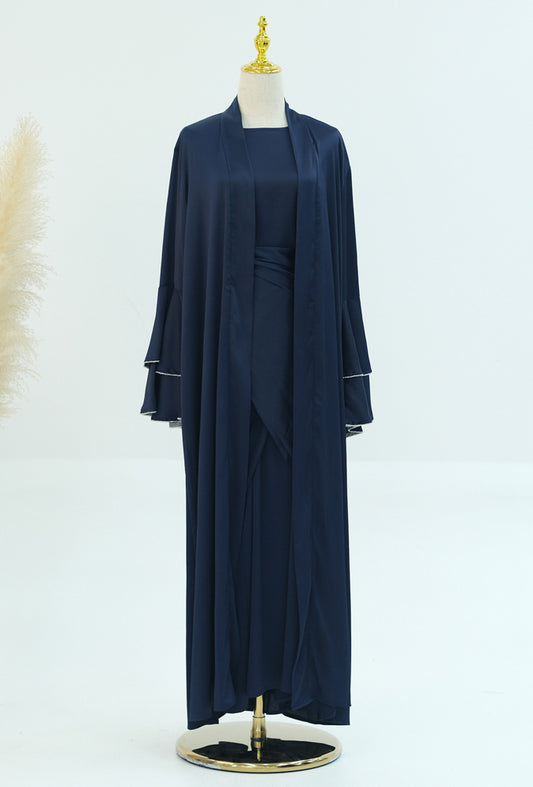 Siddiqa Navy three piece gown with throw over abaya long sleeve slip dress and detachable skirt apron