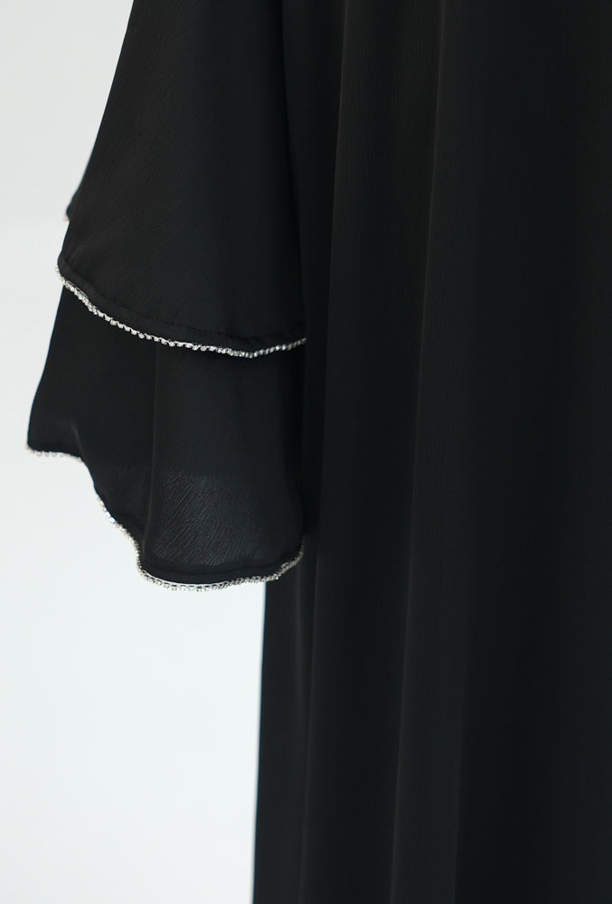 Siddiqa three piece gown with throw over abaya long sleeve slip dress and detachable skirt apron