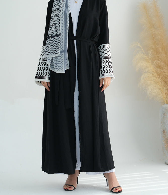Black Keffiyeh Inspired Abaya with contrast embroidered sleeves and detachable belt