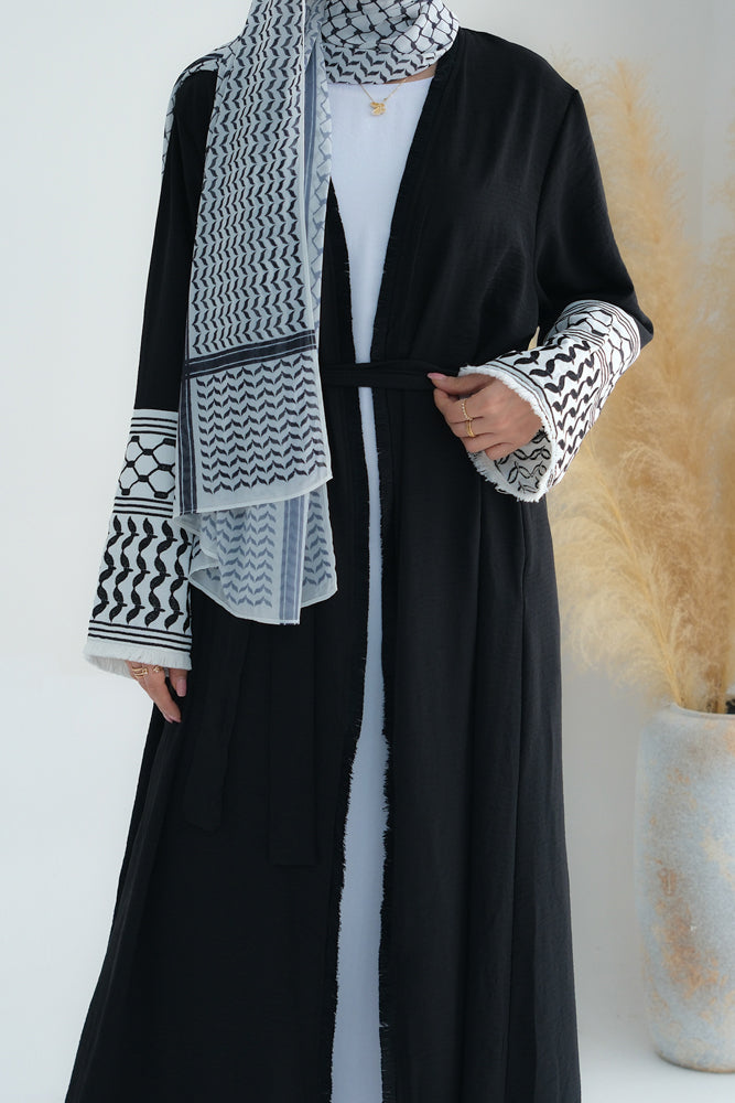 Black Keffiyeh Inspired Abaya with contrast embroidered sleeves and detachable belt