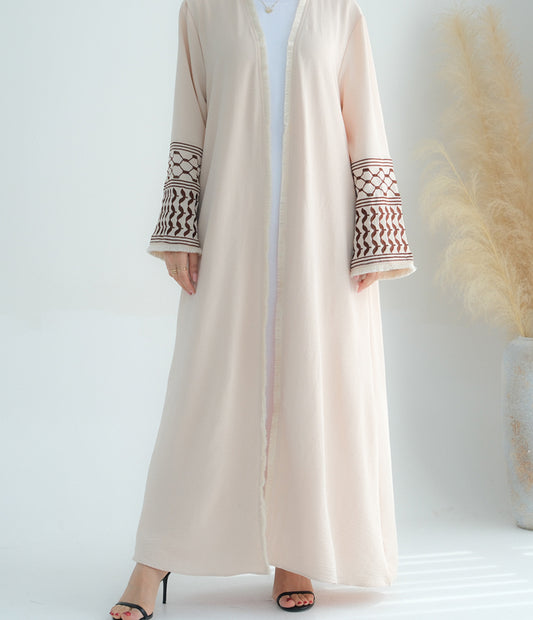 Beige Keffiyeh Inspired Abaya with contrast embroidered sleeves and detachable belt