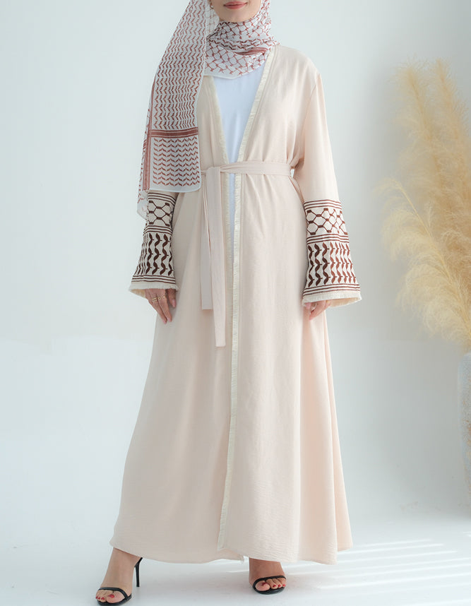 Beige Keffiyeh Inspired Abaya with contrast embroidered sleeves and detachable belt