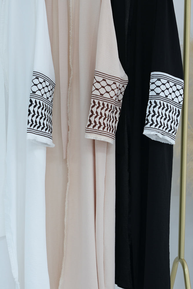 White Keffiyeh Inspired Abaya with contrast embroidered sleeves and detachable belt