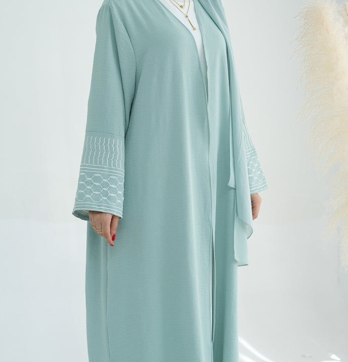 Open Border Keffiyeh Inspired Abaya with contrast embroidered sleeves and detachable belt