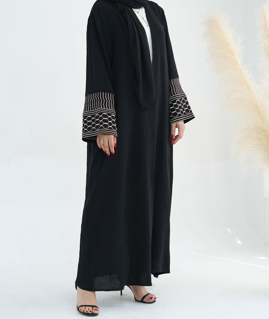 SizFaya Keffiyeh Inspired Abaya with contrast embroidered sleeves and detachable belt