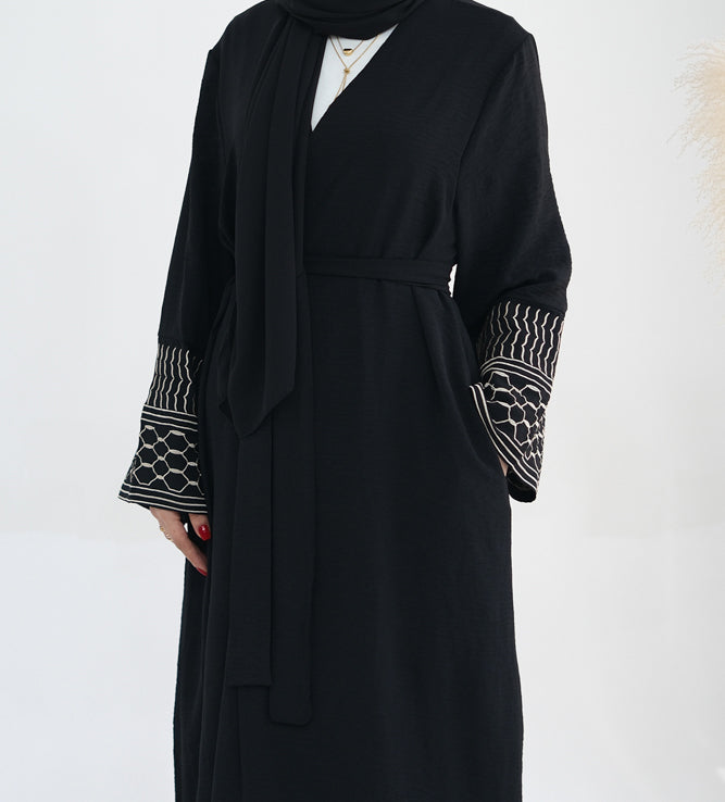 SizFaya Keffiyeh Inspired Abaya with contrast embroidered sleeves and detachable belt