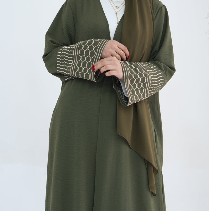 Mansoor Keffiyeh Inspired Abaya with contrast embroidered sleeves and detachable belt