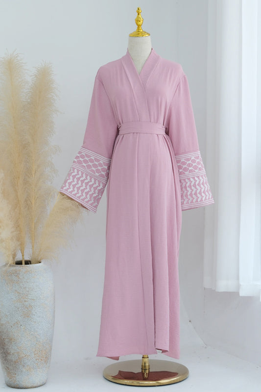 Pink Keffiyeh Inspired Abaya with contrast embroidered sleeves and detachable belt