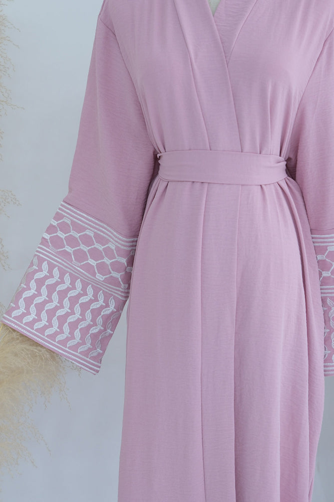 Pink Keffiyeh Inspired Abaya with contrast embroidered sleeves and detachable belt