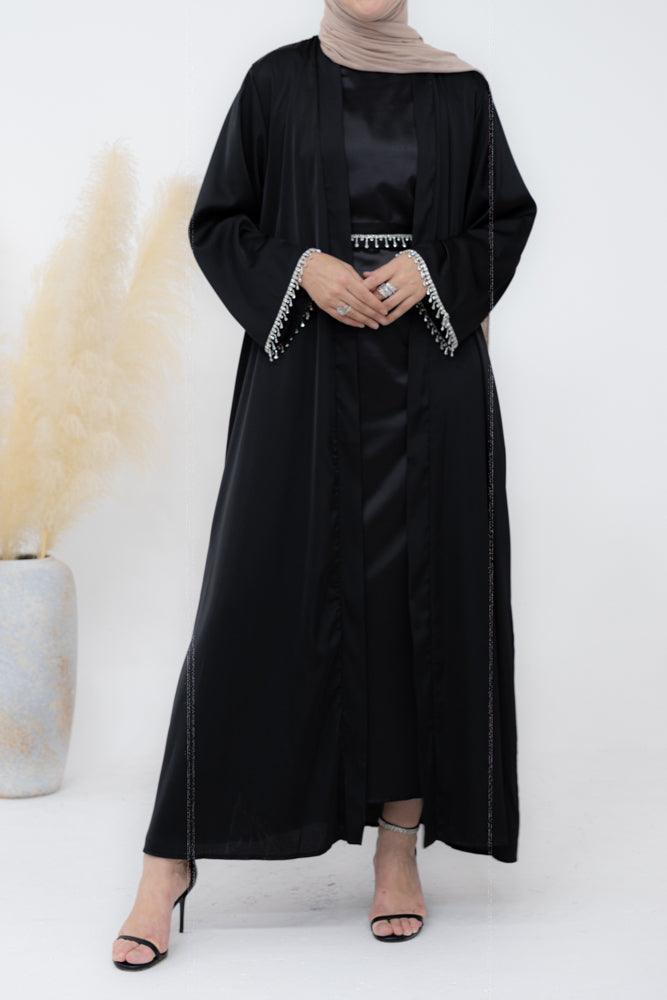 Al Sheikha classic abaya throw over in black with embellished sleeves - ANNAH HARIRI
