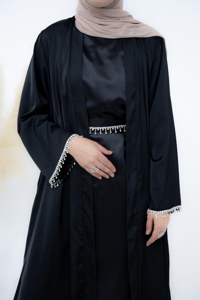 Al Sheikha classic abaya throw over in black with embellished sleeves - ANNAH HARIRI