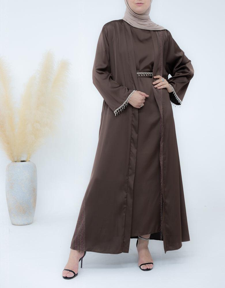 Al Sheikha classic abaya throw over in coffee with embellished sleeves - ANNAH HARIRI