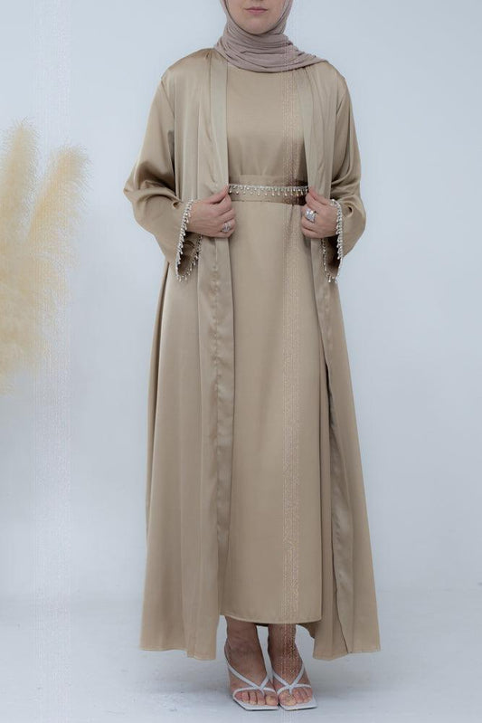 Al Sheikha classic abaya throw over in khaki with embellished sleeves - ANNAH HARIRI