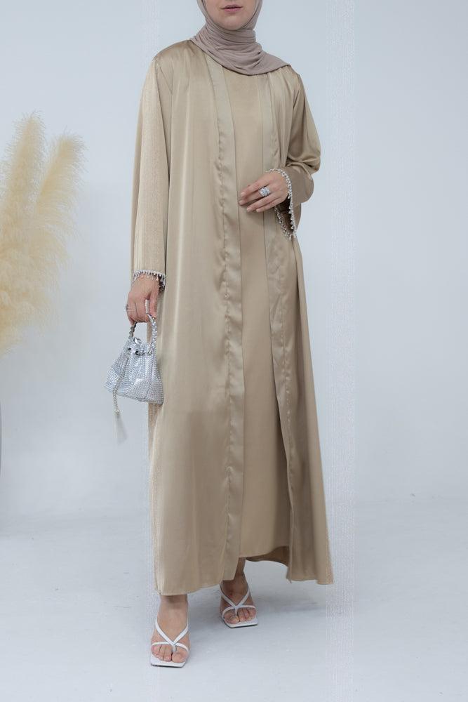 Al Sheikha classic abaya throw over in khaki with embellished sleeves - ANNAH HARIRI