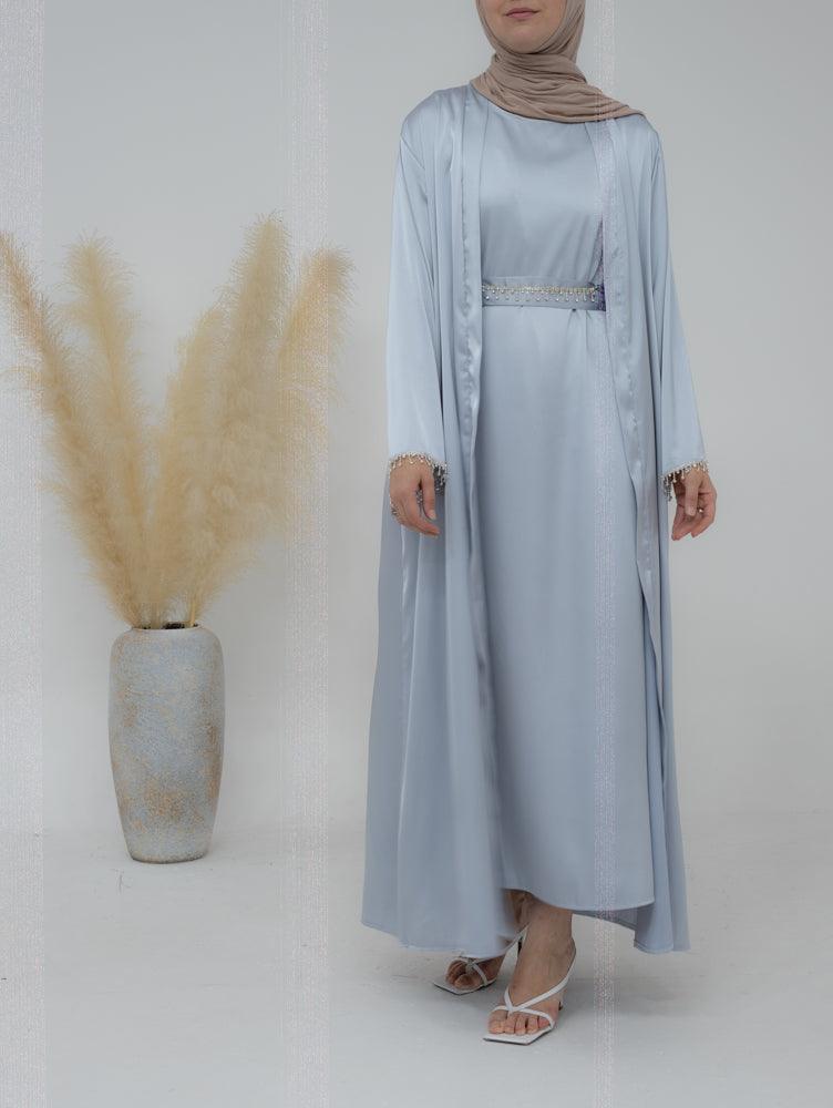 Al Sheikha classic abaya throw over in light grey with embellished sleeves - ANNAH HARIRI