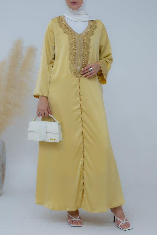 Astoriayana Kaftan dress in golden yellow with beaded embroidery - ANNAH HARIRI