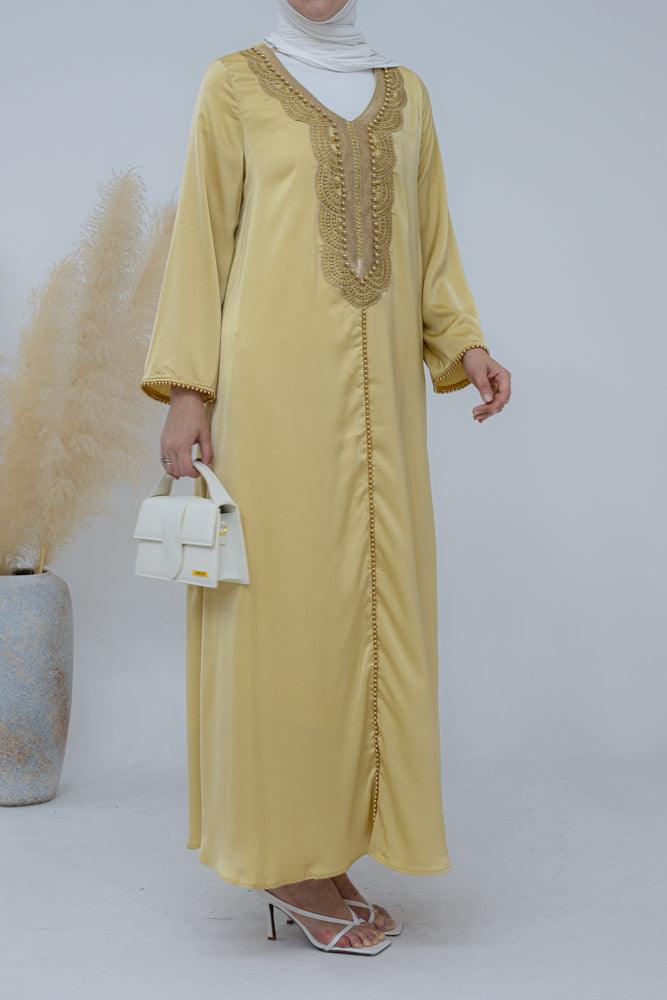 Astoriayana Kaftan dress in golden yellow with beaded embroidery - ANNAH HARIRI