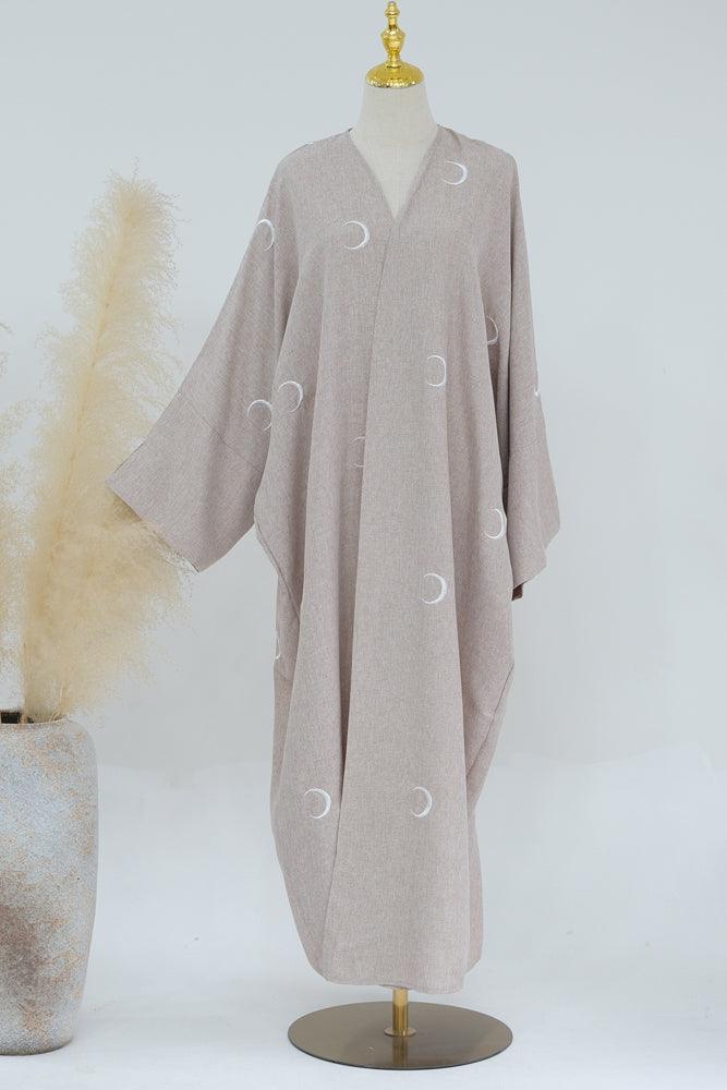 Ay Ramadan beige open front abaya throw-over with moon embroidery in light breathable fabric - ANNAH HARIRI