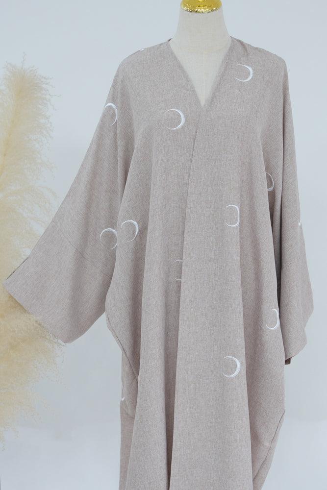 Ay Ramadan beige open front abaya throw-over with moon embroidery in light breathable fabric - ANNAH HARIRI
