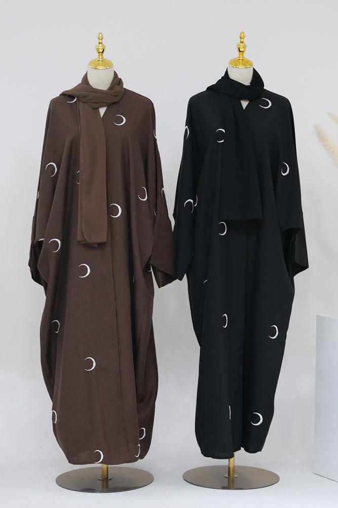 Ay Ramadan Black open front abaya throw-over with moon embroidery in light breathable fabric - ANNAH HARIRI